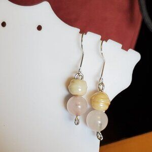 Silver Tone Hook Rose Quartz and Ceramic Earrings